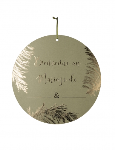 Pancarte en carton bienvenue au mariage de ... kaki et dorure or 38 cm à personnaliser