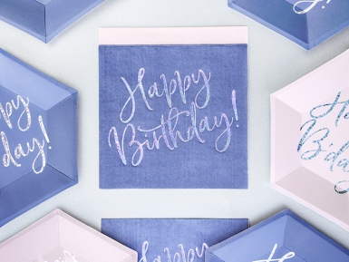 20 serviettes en papier bleues happy birthday iridescent 33 x 33 cm bleu lavande