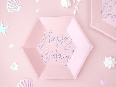 6 assiettes en carton roses happy b'day iridescent 20 cm hexagonales