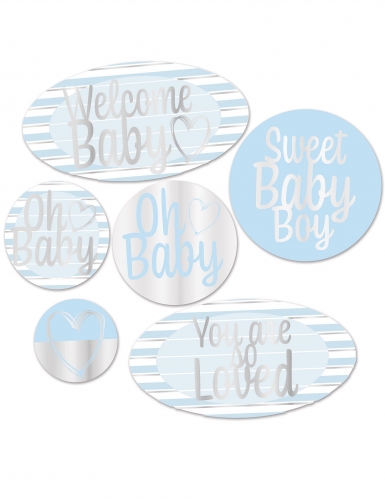 6 décorations en carton welcome baby bleues argentées baby shower