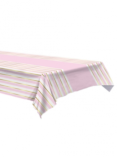 Nappe en plastique à rayures rose et blanche 137 x 274 cm et dorée