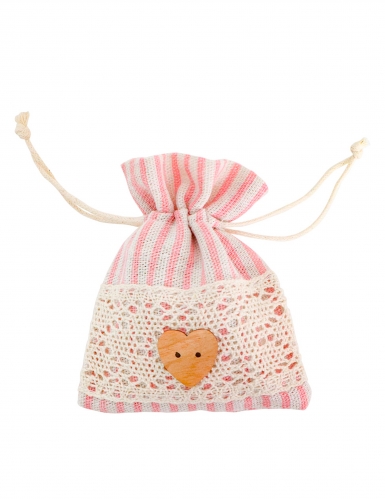 4 pochons rayés rose pastel et dentelle 8 x 10 cm avec coeur en bois