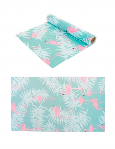 Chemin de table en tissu bleu pastel flamants roses 28 cm x 5 m déco tropicale
