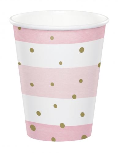 8 gobelets en carton roses et blancs pois dorés 256 ml pour baby shower