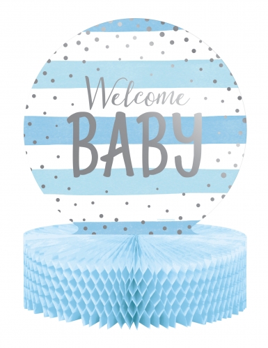 Centre de table en papier alvéolé bleu et blanc welcome baby 23 x 30,5 cm