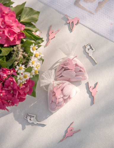 10 confettis de table en bois ballerine 1 x 2 cm rose et blanc