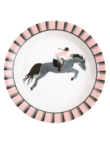 10 assiettes carton équitation 22,5 cm cheval rose