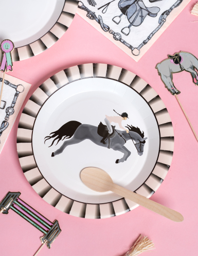 10 assiettes carton équitation 22,5 cm cheval rose