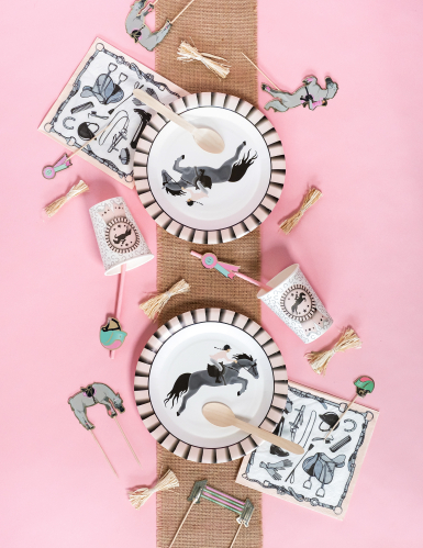 10 assiettes carton équitation 22,5 cm cheval rose