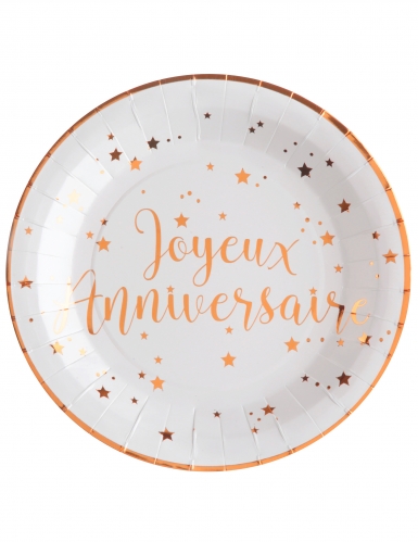 10 assiettes carton joyeux anniversaire rose gold 22,5 cm blanches à étoiles