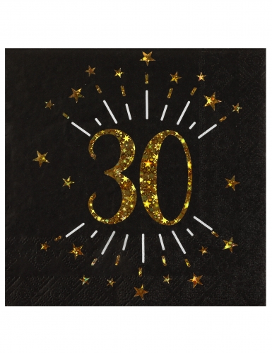 10 serviettes papier joyeux anniversaire 30 noir et or avec étoiles