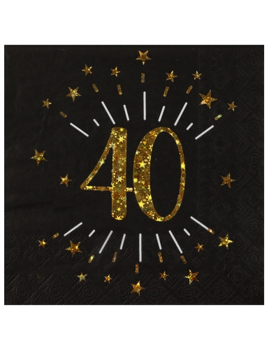 10 serviettes papier joyeux anniversaire 40 noir et or avec étoiles dorées