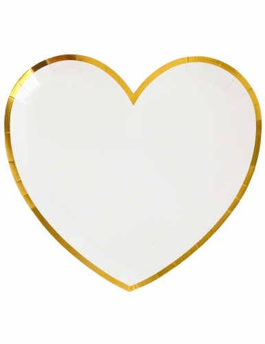 10 assiettes carton cœur blanc et or 22,5 x 20 cm pour baptême et fête