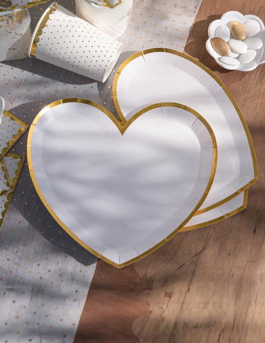 10 assiettes carton cœur blanc et or 22,5 x 20 cm pour baptême et fête