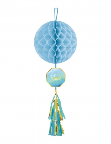 Suspension en papier alvéolé oh baby bleu et or avec tassel 75 cm déco baby shower