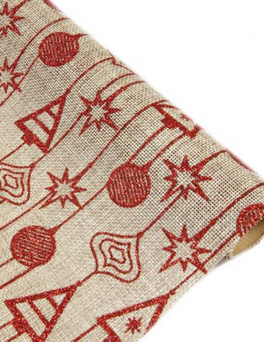 Chemin de table en toile boules et sapins rouge 4 m x 28 cm pour Noël