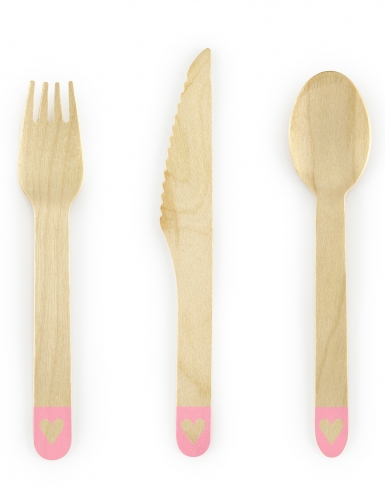 18 couverts en bois rose avec cœur 16 cm jetables