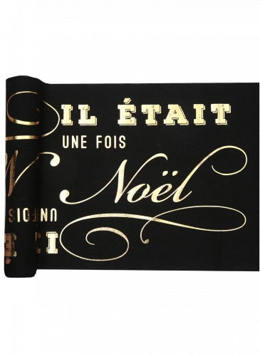 Chemin de table en coton il était une fois Noël noir et doré 3 m x 28 cm