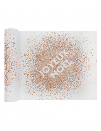 Chemin de table en coton blanc joyeux Noël paillettes rose gold 3 m x 28 cm