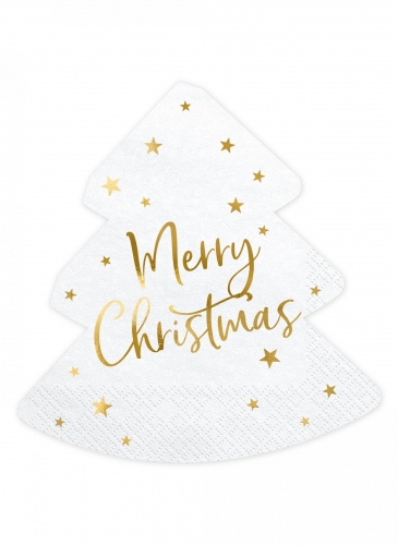 20 serviettes en papier sapin merry christmas blanc et or 16,5 cm décoratives