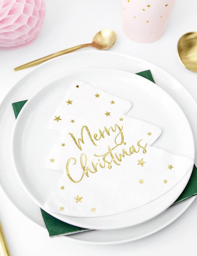 20 serviettes en papier sapin merry christmas blanc et or 16,5 cm décoratives