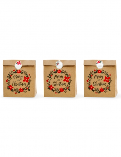 3 sacs cadeaux en kraft avec stickers merry little christmas 27 x 25 x 11 cm pour Noël