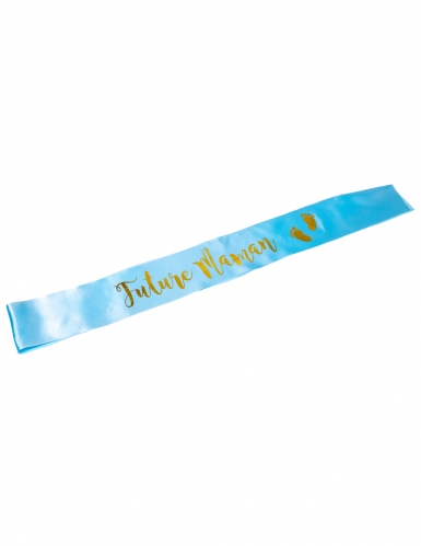 Écharpe en satin future maman bleue et dorure 9,5 x 78 cm pour baby shower