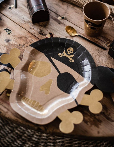 8 gobelets en carton pirate kraft et dorure 255 ml tête de mort