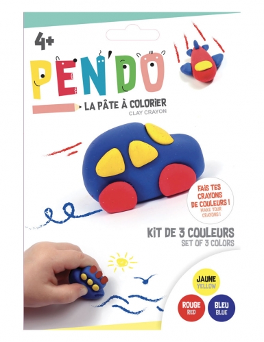 Boîte Pen'do véhicules jaune rouge bleu, pâte à modeler crayon