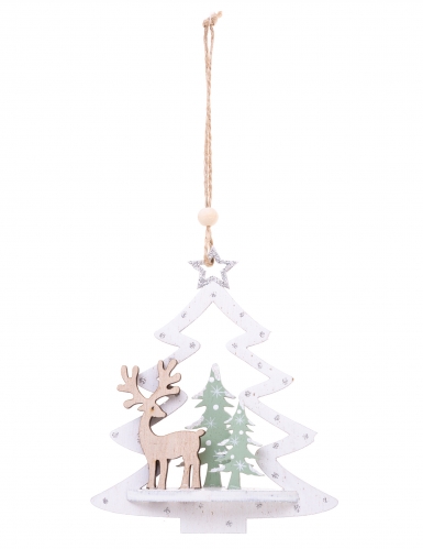 Suspension en bois sapin et paysage 11 cm coloris aléatoire avec cerf