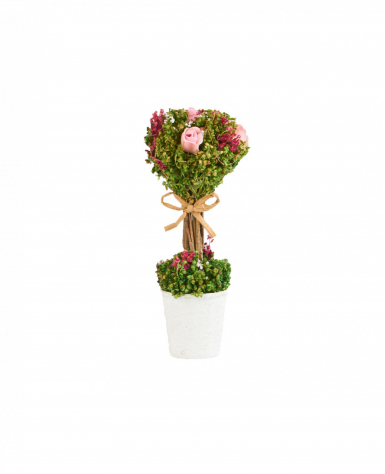 Composition fleurs séchées et roses blanches sur tige dans un pot 18 cm x 8 cm avec noeud en jute