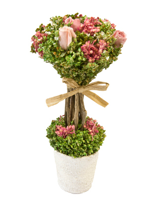 Composition fleurs séchées et roses blanches sur tige dans un pot 18 cm x 8 cm avec noeud en jute