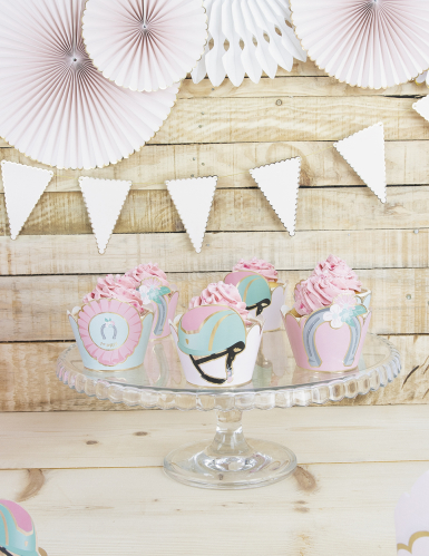 6 habillages moules à cupcake cheval bleu et rose pastel