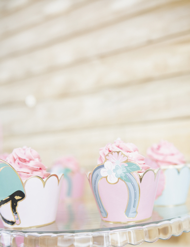 6 habillages moules à cupcake cheval bleu et rose pastel