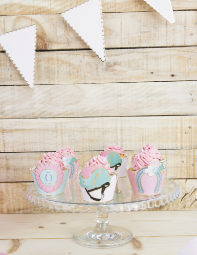 6 habillages moules à cupcake cheval bleu et rose pastel