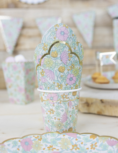 8 gobelets en carton festonnés shabby or 200 ml fleurs liberty