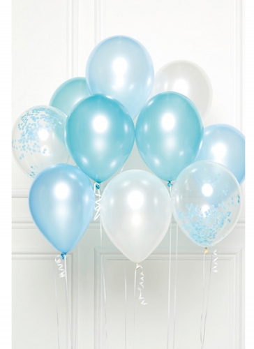 Bouquet de 10 ballons en latex bleu 27 cm avec confettis