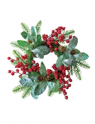 Couronne végétale baies rouges 40 cm, sapin et pommes de pin