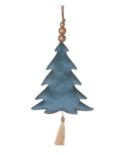 Suspension sapin en velours bleu 22 cm, tassel ivoire et perles