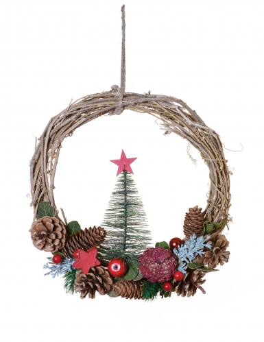 Couronne à suspendre sapin nature traditionnelle 35 cm en osier