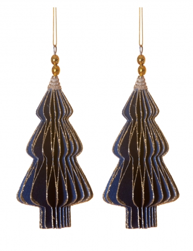 2 suspensions origami sapins bleus et or 13 cm