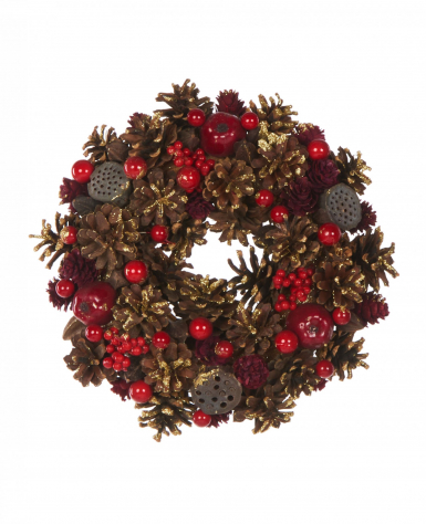 Couronne de noël baies rouges 25 cm et pommes de pin