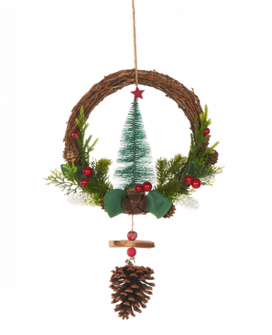 Couronne à suspendre sapin traditionnel 39 cm et pommes de pin