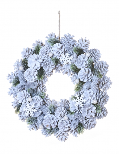 Couronne de noël pommes de pin givrées 35 cm et sapin enneigé