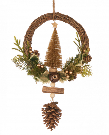 Couronne à suspendre sapin doré 39 cm et pommes de pin