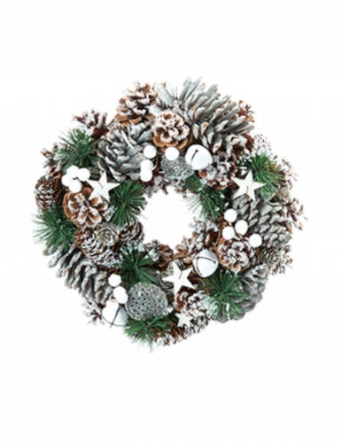 Couronne de Noël naturelle pommes de pin enneigées 30 cm