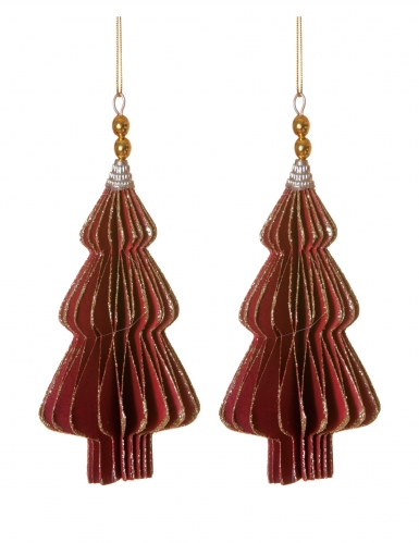 2 suspensions origami sapins rouges 13 cm aux bords dorés