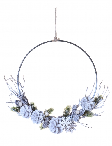 Couronne à suspendre pommes de pin givrées 35 cm décoration noël polaire