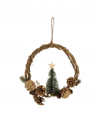 Couronne à suspendre sapin et pommes de pin dorées 28 cm de noël