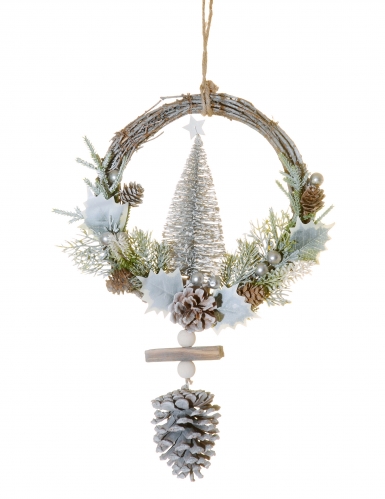 Couronne à suspendre sapin enneigé 39 cm avec pommes de pin